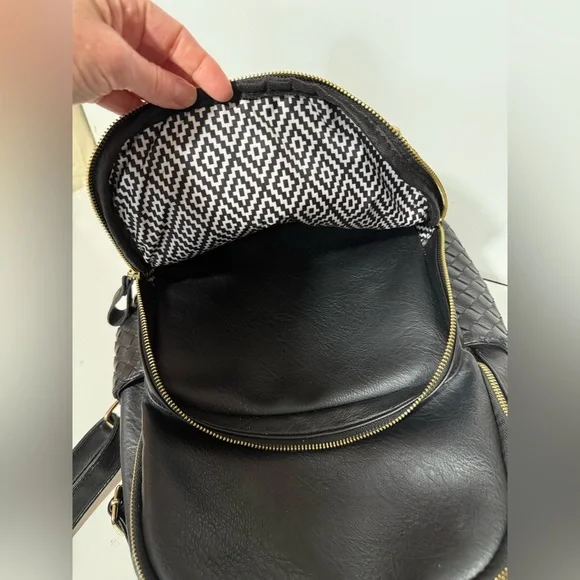 MADISON WEST Black woven pocket vegan leather Backpack with brass hardware - Picture 2 of 9